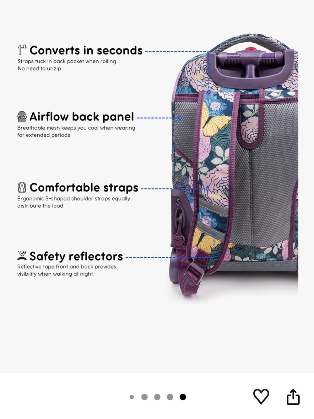 Rolling Backpack with Butterfly Floral Print - Purple Accents - Picture 5 of 6